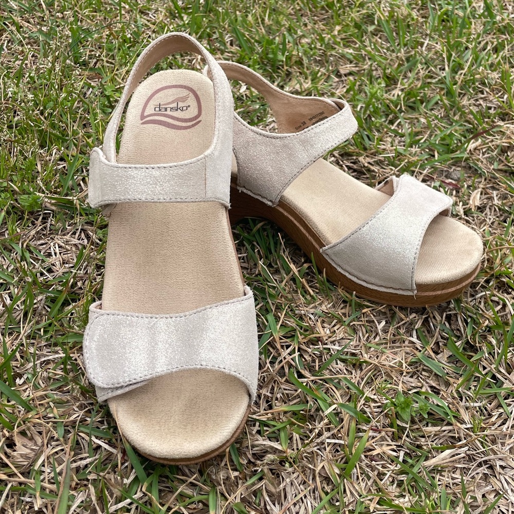Dansko sandals womens size 7.5. Shimmery tan with wooden heels
